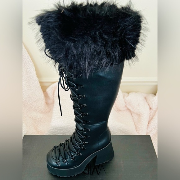 NIB Dolls Kill Widow God Forsaken Knee High Boots Lace Up Front Side Zipper - Picture 2 of 13